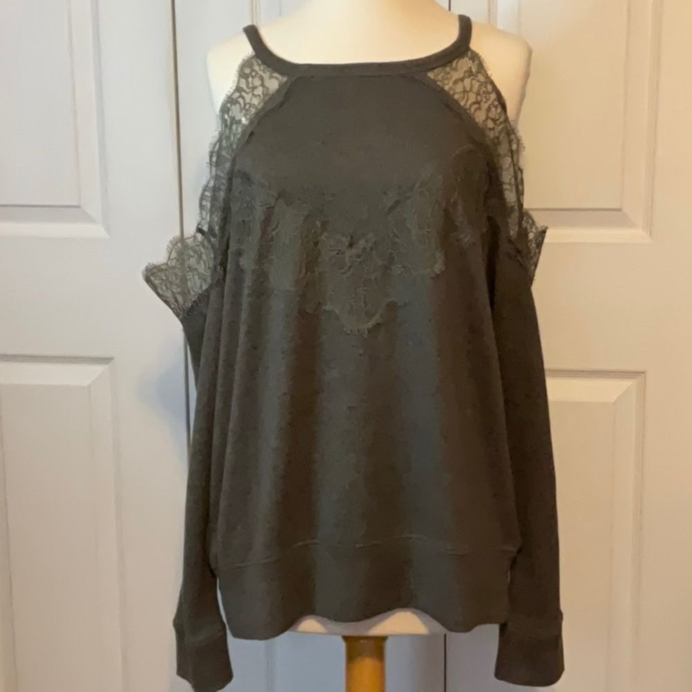 Coco & Jaimeson Olive Green Cold Shoulder Lace‎ Sweater Top XL